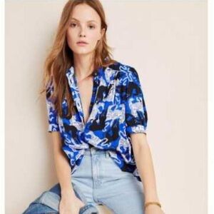 The Art of ANTHROPOLOGIE Featuring Emily Isabella Panther Print Blouse Blue XS P